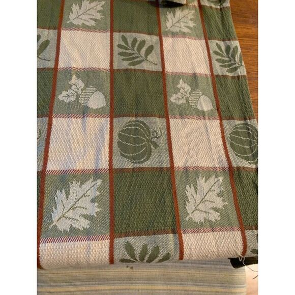 Autumnal Green & Beige Checkered Table Runner 12" x 98" Cotton Blend With Leaf & - Picture 5 of 6